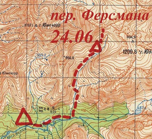 Карта маршрута (радиальный выход на пер. Ферсмана из долины р. М. Белая)